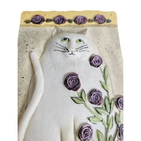 Vintage 1990s E. Smithson Plaque Tile Folk Art 3D Cat Snow Rose Wall Decor - Picture 2 of 9